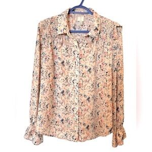 4/$20 Joie long ruffled flounce sleeve floral button down blouse- size M